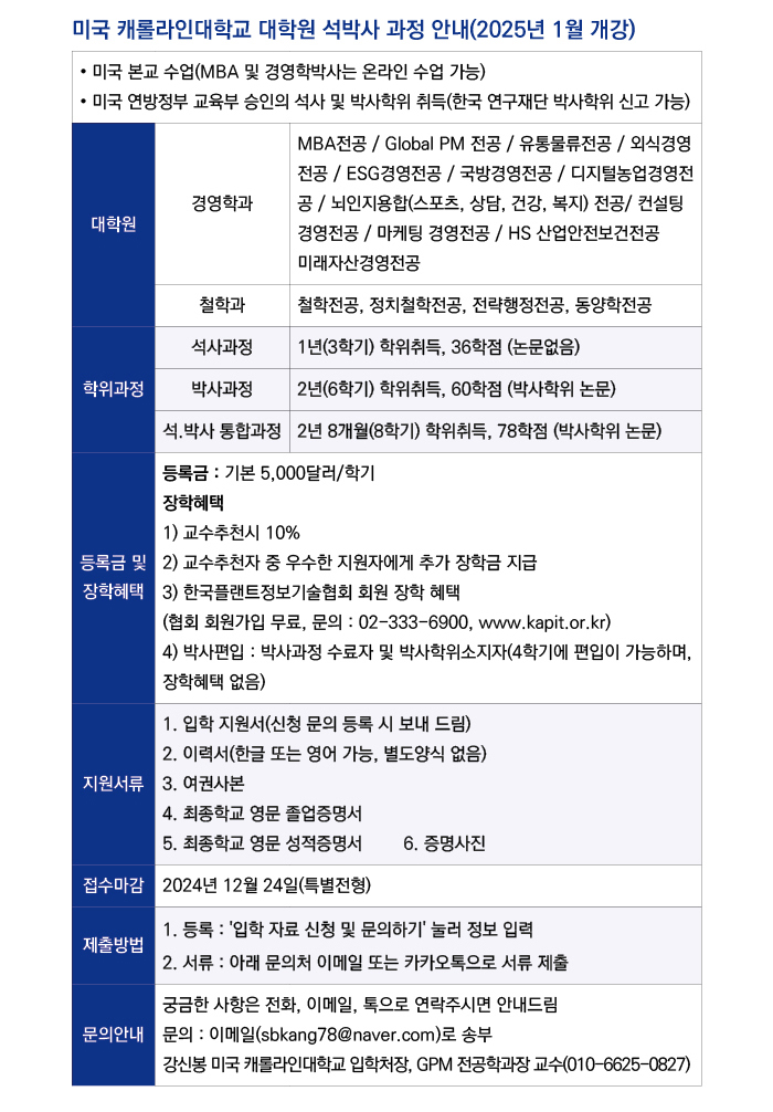 미국캐롤라인대학교 석박사과정 신청안내