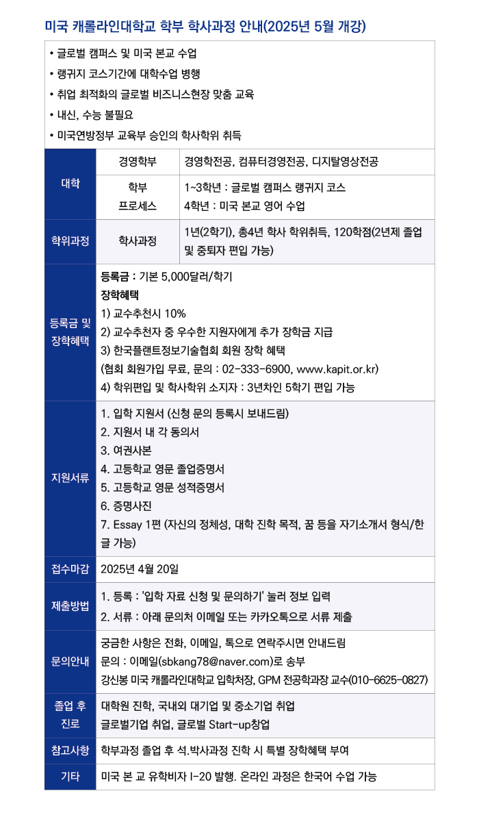 미국 캐롤라인대학교 학사과정 신청안내
